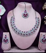 Pink rhodium premium designer american diamond and stone work necklace set