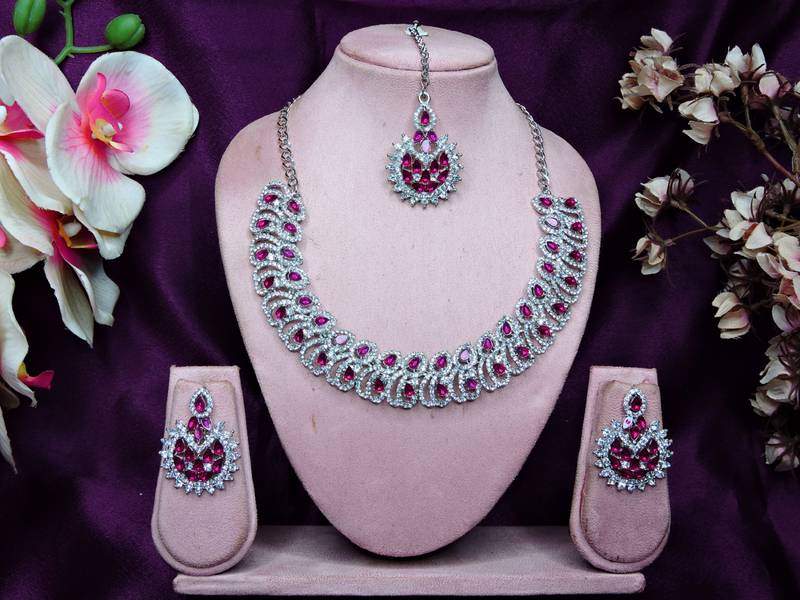 Pink rhodium premium designer american diamond and stone work necklace set