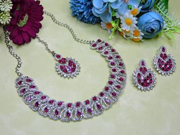 Pink rhodium premium designer american diamond and stone work necklace set 2