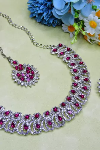 Pink rhodium premium designer american diamond and stone work necklace set