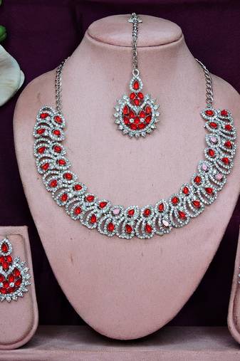 Red rhodium premium designer american diamond and stone work necklace set