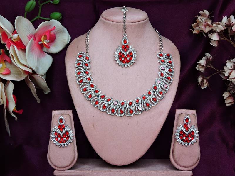 Red rhodium premium designer american diamond and stone work necklace set