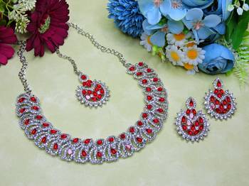 Red rhodium premium designer american diamond and stone work necklace set 2