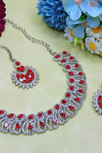 Red rhodium premium designer american diamond and stone work necklace set