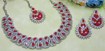 Red rhodium premium designer american diamond and stone work necklace set 3