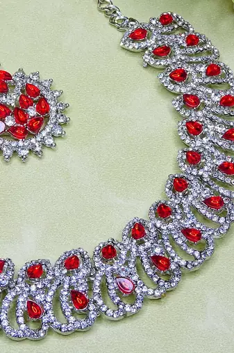 Red rhodium premium designer american diamond and stone work necklace set