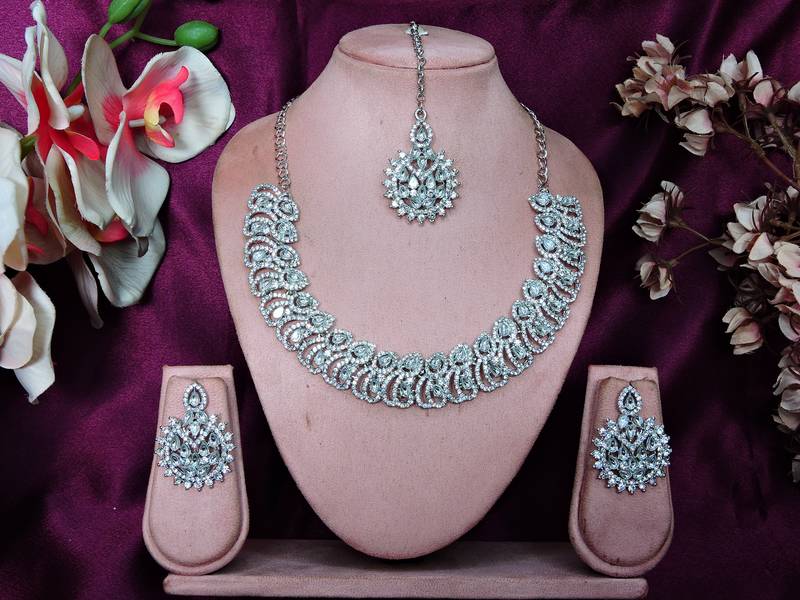White rhodium premium designer american diamond and stone work necklace set