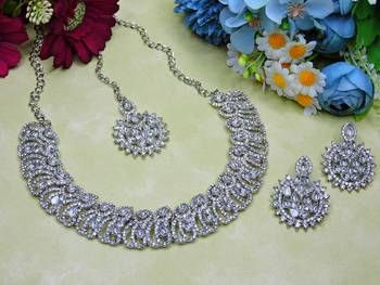 White rhodium premium designer american diamond and stone work necklace set 2