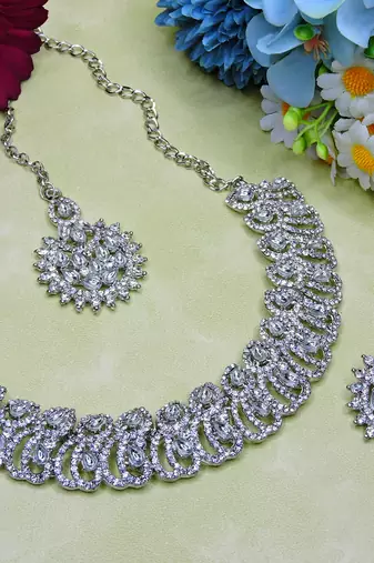 White rhodium premium designer american diamond and stone work necklace set