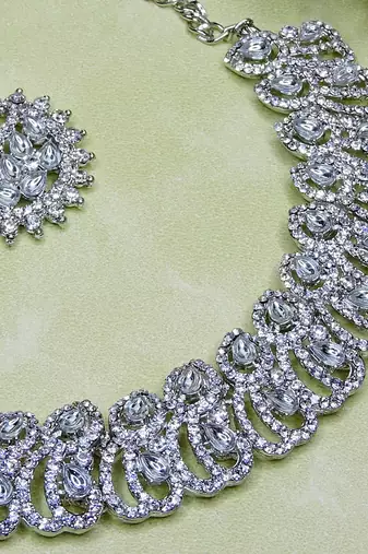 White rhodium premium designer american diamond and stone work necklace set