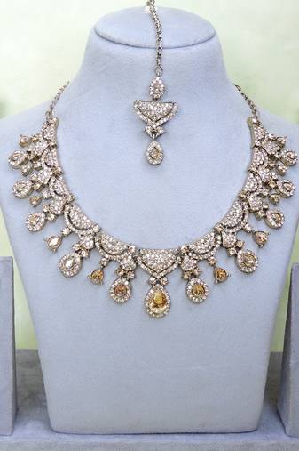 Gold yellow gold premium designer american diamond and stone work necklace set
