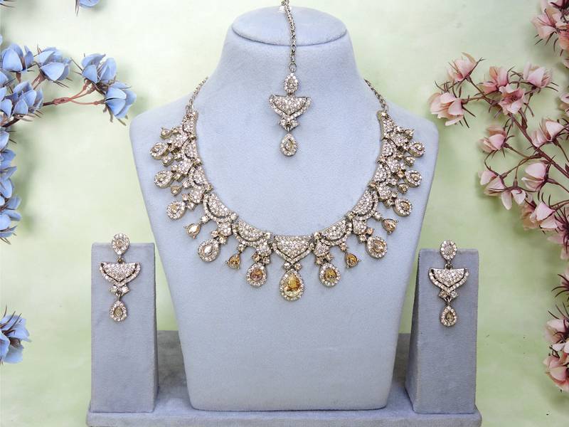 Gold yellow gold premium designer american diamond and stone work necklace set