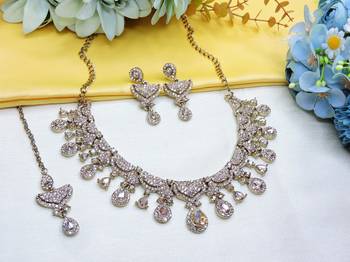 Gold yellow gold premium designer american diamond and stone work necklace set 2