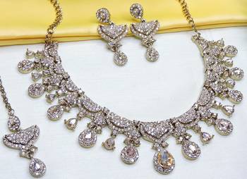 Gold yellow gold premium designer american diamond and stone work necklace set 3