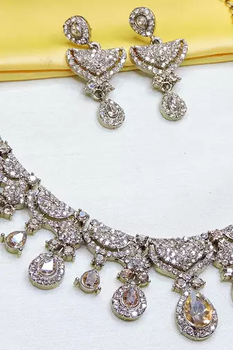 Gold yellow gold premium designer american diamond and stone work necklace set