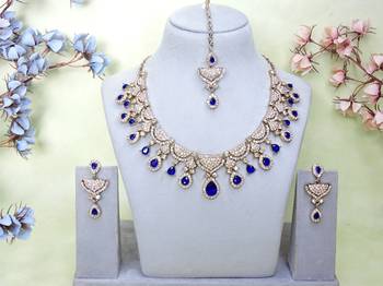 Blue yellow gold premium designer american diamond and stone work necklace set 1