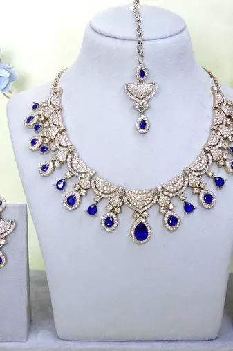Blue yellow gold premium designer american diamond and stone work necklace set