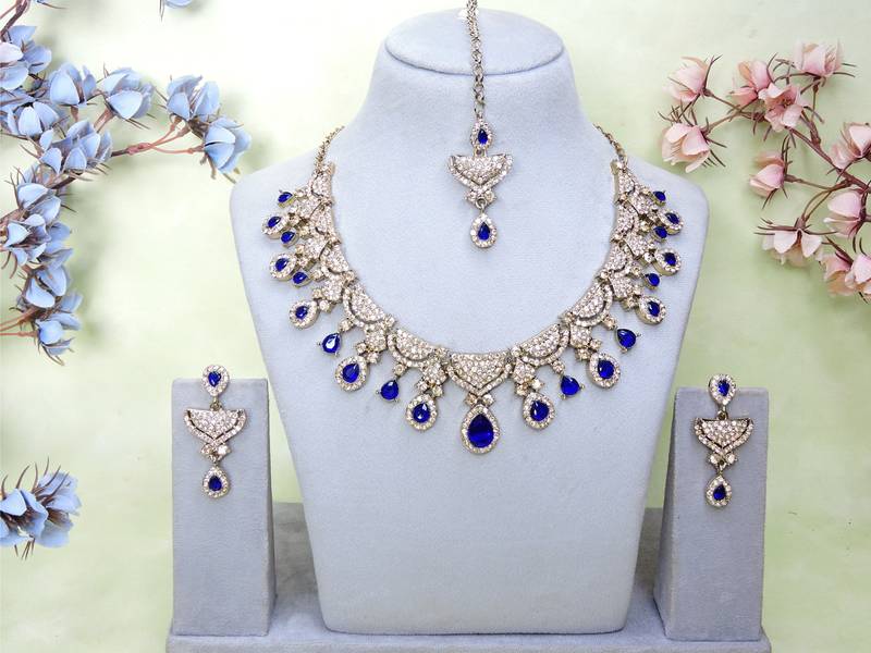 Blue yellow gold premium designer american diamond and stone work necklace set