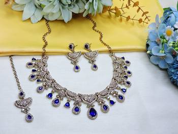 Blue yellow gold premium designer american diamond and stone work necklace set 2