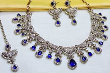 Blue yellow gold premium designer american diamond and stone work necklace set 3
