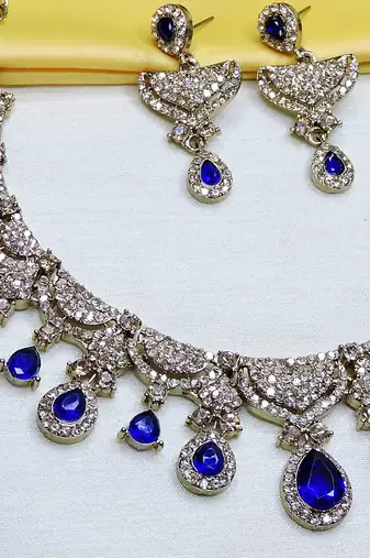 Blue yellow gold premium designer american diamond and stone work necklace set
