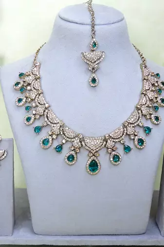 Green yellow gold premium designer american diamond and stone work necklace set