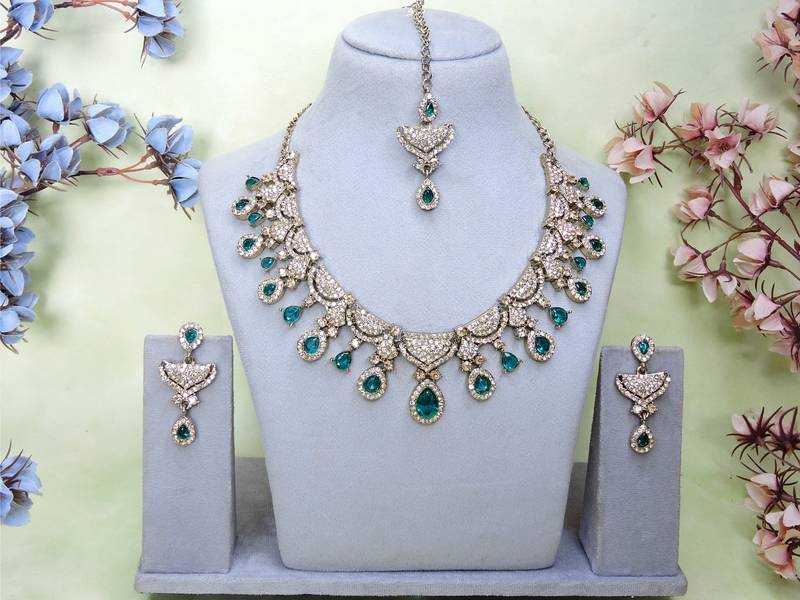 Green yellow gold premium designer american diamond and stone work necklace set