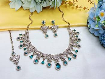 Green yellow gold premium designer american diamond and stone work necklace set 2