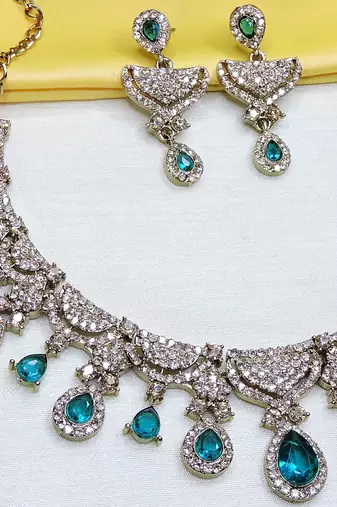 Green yellow gold premium designer american diamond and stone work necklace set