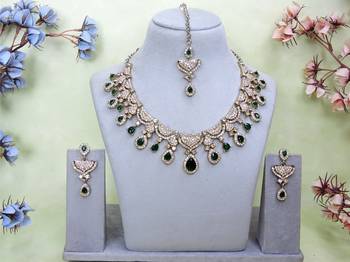 Green yellow gold premium designer american diamond and stone work necklace set 1