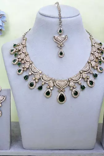 Green yellow gold premium designer american diamond and stone work necklace set