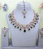 Green yellow gold premium designer american diamond and stone work necklace set