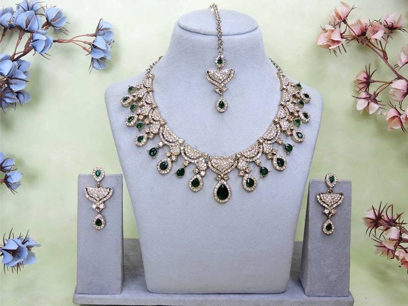 Green yellow gold premium designer american diamond and stone work necklace set