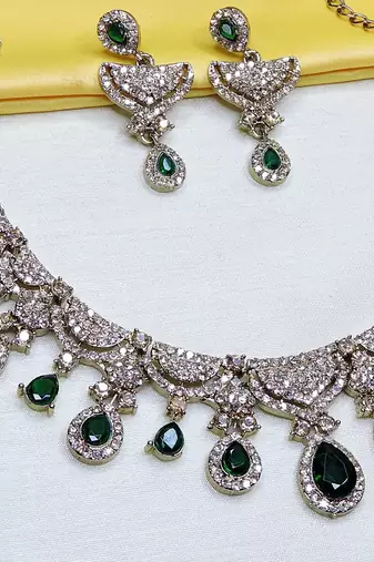 Green yellow gold premium designer american diamond and stone work necklace set