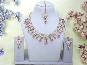 Purple yellow gold premium designer american diamond and stone work necklace set 1