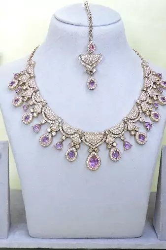 Purple yellow gold premium designer american diamond and stone work necklace set