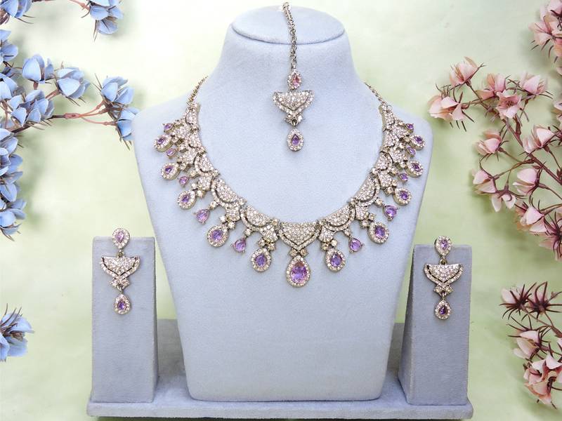 Purple yellow gold premium designer american diamond and stone work necklace set