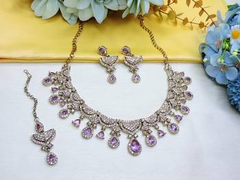 Purple yellow gold premium designer american diamond and stone work necklace set 2