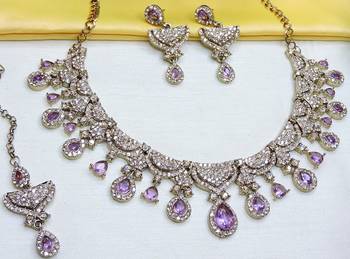 Purple yellow gold premium designer american diamond and stone work necklace set 3