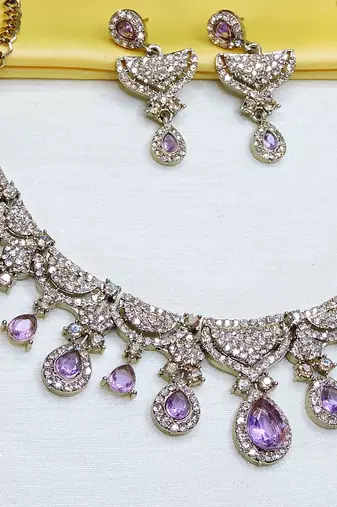 Purple yellow gold premium designer american diamond and stone work necklace set