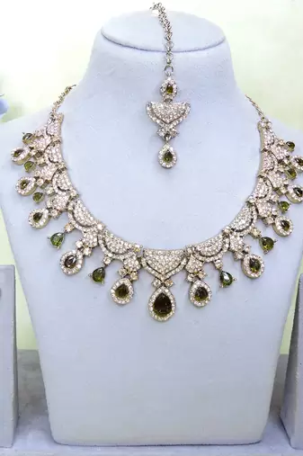 Green yellow gold premium designer american diamond and stone work necklace set