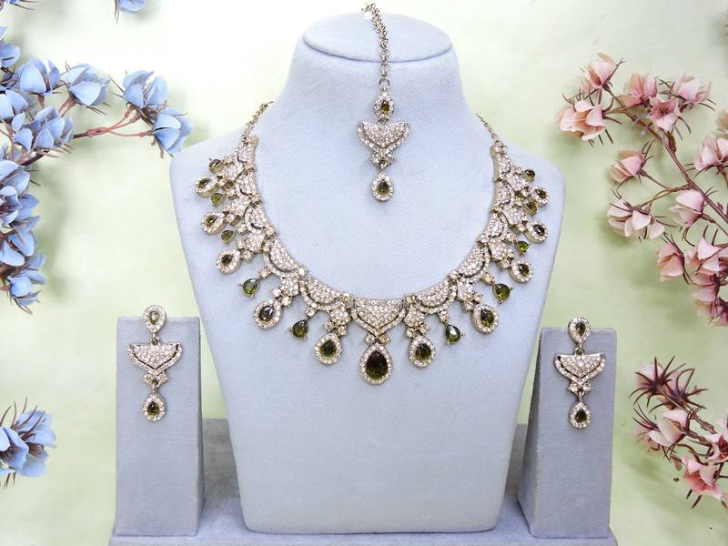 Green yellow gold premium designer american diamond and stone work necklace set