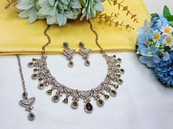Green yellow gold premium designer american diamond and stone work necklace set 2