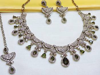 Green yellow gold premium designer american diamond and stone work necklace set 3