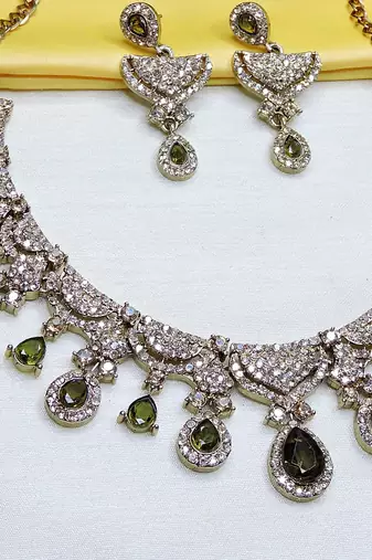 Green yellow gold premium designer american diamond and stone work necklace set