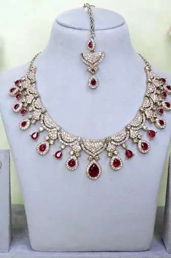 Maroon yellow gold premium designer american diamond and stone work necklace set