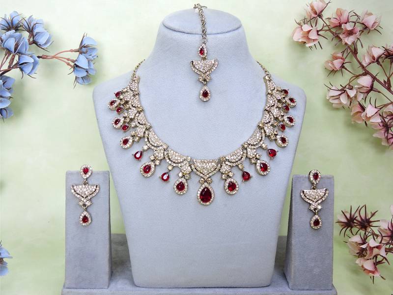 Maroon yellow gold premium designer american diamond and stone work necklace set