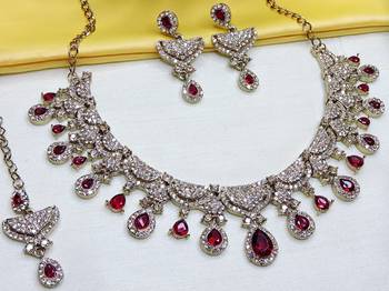 Maroon yellow gold premium designer american diamond and stone work necklace set 2