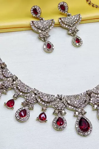 Maroon yellow gold premium designer american diamond and stone work necklace set
