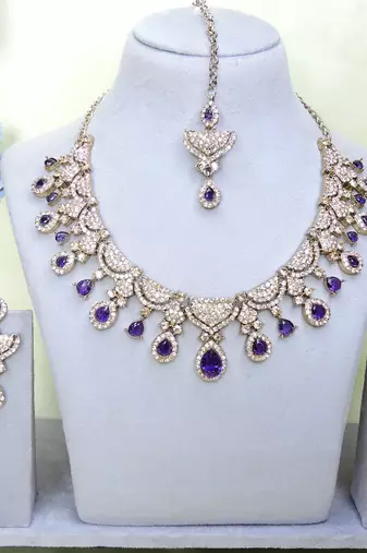 Blue yellow gold premium designer american diamond and stone work necklace set